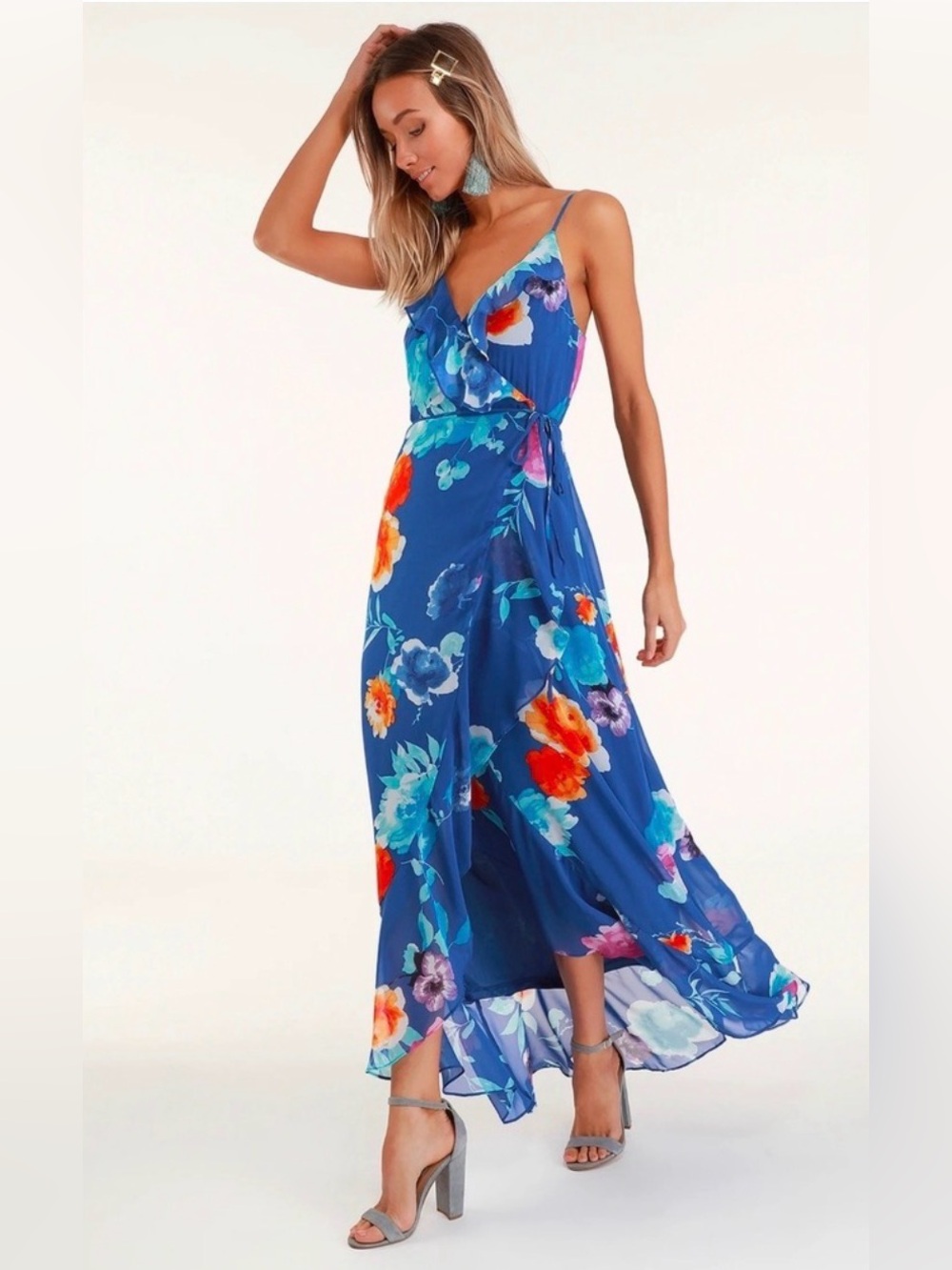 Lulus Ladean Royal Blue Floral Print Ruffled Wrap Maxi Dress - Picture 2 of 3